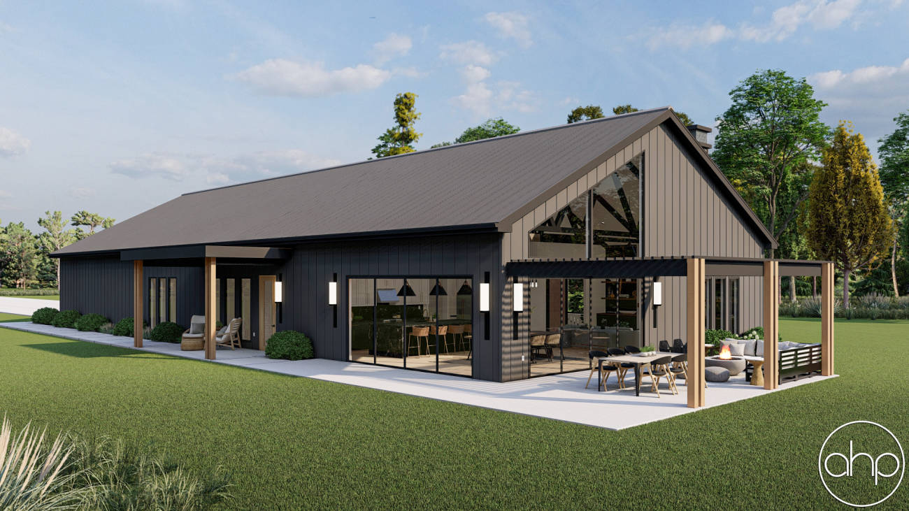 Modern Farmhouse Style Barndominium Plan w/ Oversized Garage and Pergola